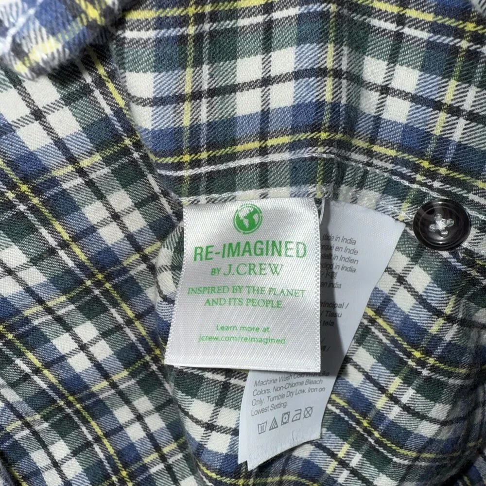 J.Crew Mens Flannel Blue Green White Plaid Long Sleeve Shirt Botton Down Size M